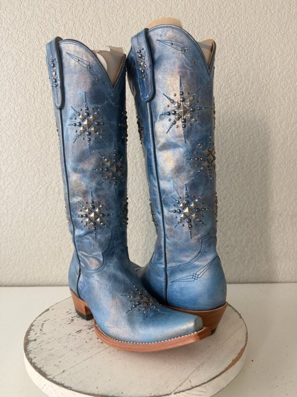 Old Gringo Stelletta Blue Metallic Studded Cowboy Boots Womens 7 Snip Toe Tall